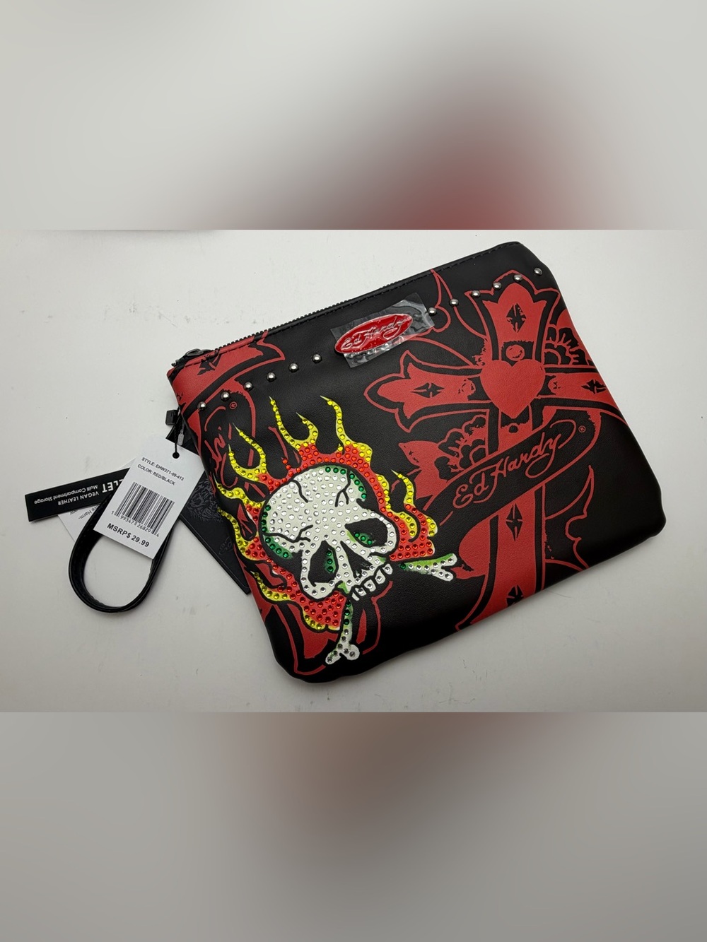Ed Hardy Black & Red Rhinestone Flame Skull Pouch